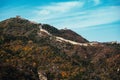 the great wall of china and its surrounding mountains with trees Royalty Free Stock Photo