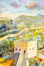 The Great Wall of China at Mutianyu. Watercolor painting Royalty Free Stock Photo