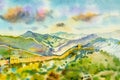 The Great Wall of China at Mutianyu. Watercolor painting Royalty Free Stock Photo