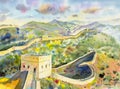 The Great Wall of China at Mutianyu. Watercolor painting Royalty Free Stock Photo