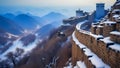 The Great Wall of China, Shimatai section. Snow covers the walls and surrounding area, giving an impression of purity and
