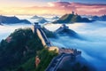 The Great Wall of China at sunrise,panoramic view, The Great Wall of China in the mist , lying long, surrealist view from drone Royalty Free Stock Photo