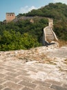 Great Wall of China with a watchtower on a background of mountains