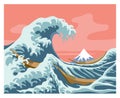 Great wave, a stylized masterpiece by Japanese artist Hokusai, seascape with mount Fuji & boats