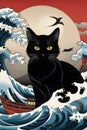 The great waves in Japanese style painting, with a charming black cat, moonlit at backdrop, flying birds, ancient architecture