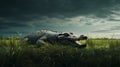 Majestic Crocodile Standing In Thunderstorm On Green Grass