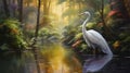 Lifelike White Heron Painting In Lush Scenery With Golden Light