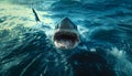 Great White Menace: Apex Predator with Razor-Sharp Teeth Lurks in Ocean Depths and suddenly appears up and attacking its victim.