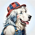 Great white pyrenees dog drawing hat overalls Royalty Free Stock Photo