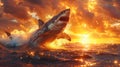 Great white shark breaching at sunset - generative ai Royalty Free Stock Photo
