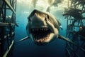 Great White Shark Carcharodon carcharias, Great white shark showing its teeth in front of divers in a diving cage, AI Generated