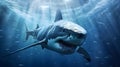 Close up of a Great White Shark swimming in the deep Ocean. Natural Background with beautiful Lighting