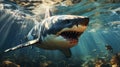 Great White Shark with Caustic Reflections In Crystal Clear Water Background Royalty Free Stock Photo