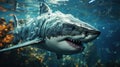 Great White Shark with Caustic Reflections In Crystal Clear Water Background Royalty Free Stock Photo