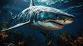 Great White Shark with Caustic Reflections In Crystal Clear Water Background Royalty Free Stock Photo