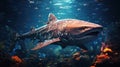 Great White Shark with Caustic Reflections In Crystal Clear Water Background Royalty Free Stock Photo