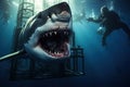 Great White Shark in the deep blue ocean. Underwater photography, Great white shark showing its teeth in front of divers in a