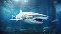 Great White Shark in its Natural Habitat in Blue Ocean Depths. Oceanic Predator. Open mouth with many teeth. Beautiful Royalty Free Stock Photo