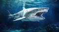 Great White Shark in its Natural Habitat in Blue Ocean Depths. Oceanic Predator. Open mouth with many teeth. Beautiful Royalty Free Stock Photo