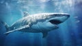 Great White Shark in its Natural Habitat in Blue Ocean Depths. Oceanic Predator. Open mouth with many teeth. Beautiful Royalty Free Stock Photo