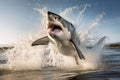 A great white shark jumping out of the water creates a thrilling image of danger and adrenaline