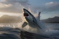 A great white shark jumping out of the water creates a thrilling image of danger and adrenaline