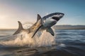 A great white shark jumping out of the water creates a thrilling image of danger and adrenaline