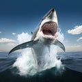 Great White Shark jumping out of water with huge open mouth and tooth Royalty Free Stock Photo