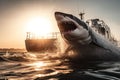 Great white shark jumping out of the water at sunset with a boat in the background, ai-generated artwork