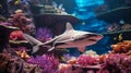 Great white shark in natural habitat with colorful coral reef and ample copy space Royalty Free Stock Photo