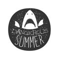 Great White Shark With Open Mouth Summer Surf Club Black And White Stamp With Dangerous Animal Silhouette Template