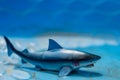 Great white shark plastic toy in an empty swimming pool