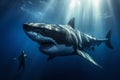 Great white shark posing in deep blue water with diver. AI generated