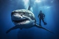 Great white shark posing in deep blue water with diver. AI generated