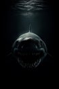 A great white shark\'s face emerging from darkness, rows of razor-sharp teeth and deep black eyes Royalty Free Stock Photo