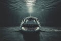 A great white shark\'s face emerging from darkness, rows of razor-sharp teeth and deep black eyes, hyperrealistic detail Royalty Free Stock Photo