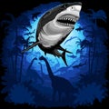 Great White Shark on Surreal Jurassic Underwater Seascape Background Vector Illustration