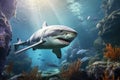 Great white shark swimming underwater in the ocean. 3d illustration, Great white shark, Carcharodon carcharias, on a coral reef, Royalty Free Stock Photo