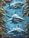 Great white sharks swimming through coral reef underwater tropical ocean