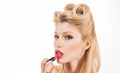 Great of women lips. High fashion model woman with colorful trendy make-up. Facial treatment. Red lips. High quality