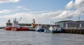 Commercial ships and boats unloading cargo in Great Yarmouth docks