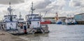 Two commercial offshore crew transfer boats moored in Great Yarmouth docks