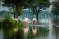 Greater flamingo flock in natural habitat in a early morning hour during monsoon season at keoladeo bharatpur