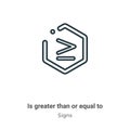 Is greater than or equal to symbol outline vector icon. Thin line black is greater than or equal to symbol icon, flat vector Royalty Free Stock Photo
