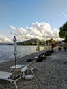 Grece , Lefkada island , sandy beach with umbrellas , Nidry Royalty Free Stock Photo