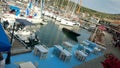 Grece Lefkada Island, tables by the sea Sivota port Royalty Free Stock Photo