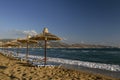 Grecija beach at a sunny day, with  sand beach and blue sea. Vacation in the Grecija. Royalty Free Stock Photo