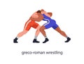 Greco-Roman wrestling. Wrestlers fighting, competing. Sport fighters in battle, combat, competition. Athletes sparring