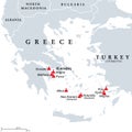 Greece, active and extinct volcanoes in the Aegean Sea region, map