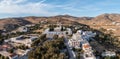 Greece. Aerial drone view of Tinos island, Cyclades. Church of Panagia Megalohari, Chora building